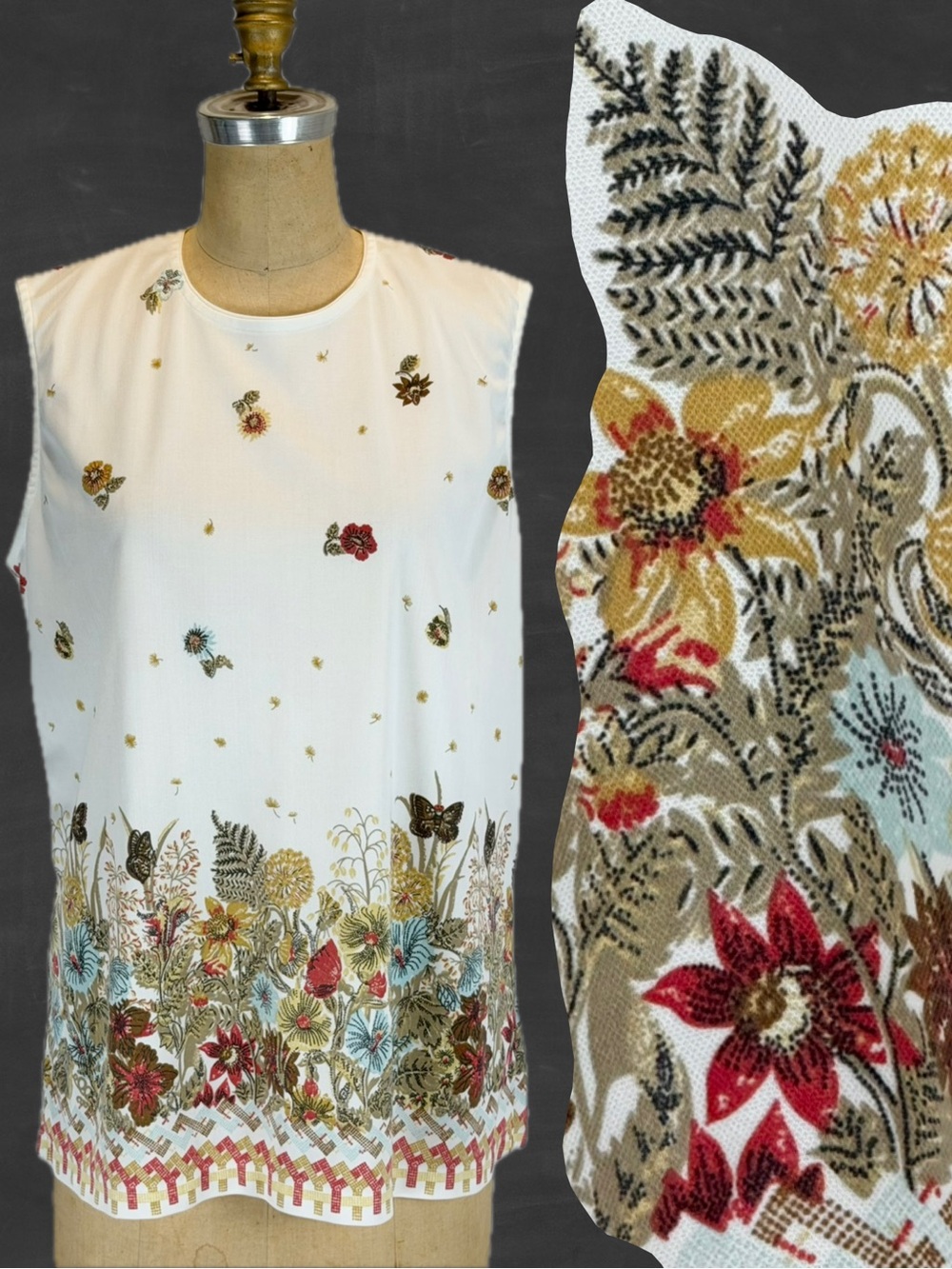 VINTAGE 70s wildflower botanical butterfly top sleeveless tank floral garden
